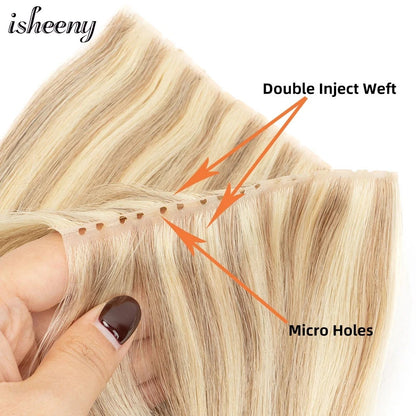 Double Inject XO Hole Weft Human Hair Extensions 16"-24" Invisible Twin Tab Weft Hair Natural Straight Pull Through Micro Hair